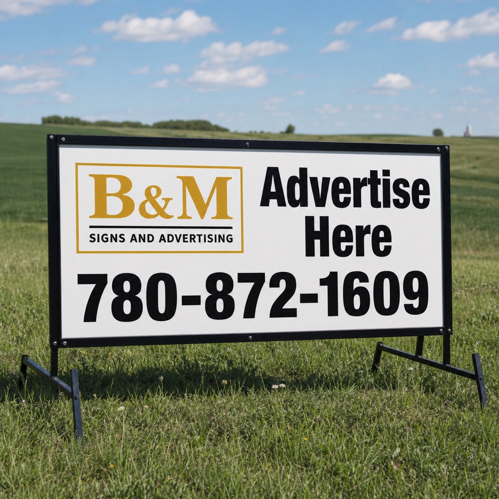B&M portable 4x8 sign on a Lloydminster property
